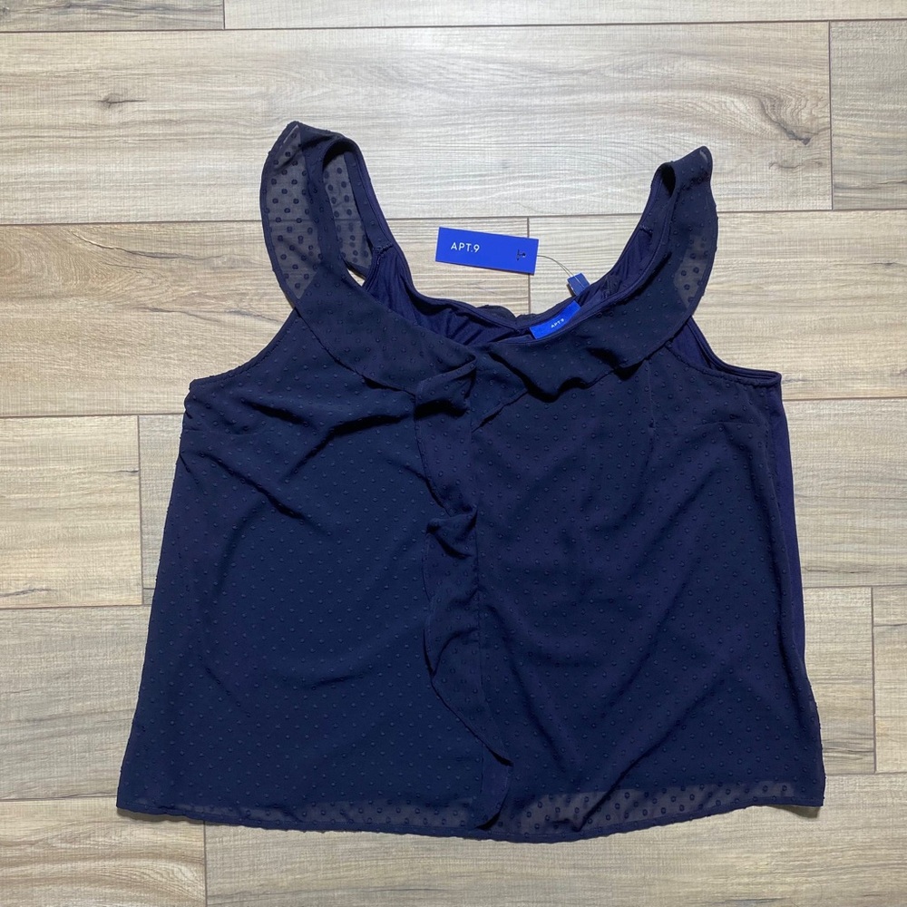 APT 9 Womens Sleeveless Lined Tank Top Ruffled Sheer Textured Overlay XXL Blue